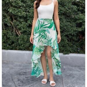 Tropical Green White High Waisted Asymmetrical Maxi Skirt High Low Slit